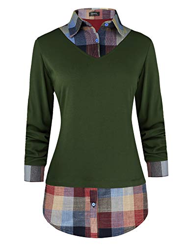 Oyamiki Damen Klassischer Kragen Geschwungener Saum 2 in 1 Strickpullover Plaid Kontrast T-Shirt Top - Grün - Groß von Oyamiki