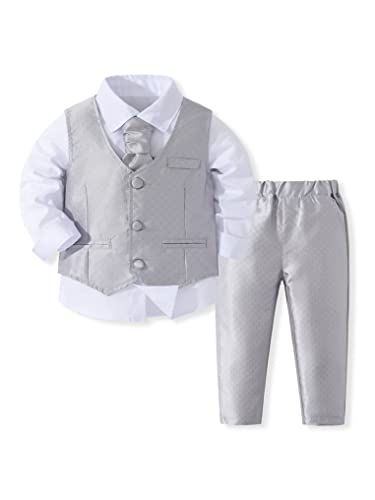 Oyolan Jungen Gentleman Smoking Anzug Hemd + Hosen + Weste + Fliege Sets Langarm 4tlg Babykleidung für Festlich Taufe Hochzeit T Grau 74-80 von Oyolan