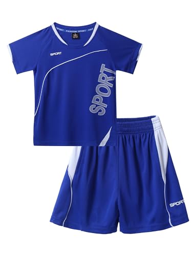 Oyolan Jungen Sportanzug Trainingsanzug Kurzarm T-Shirt mit Sportshorts Kinder Jogginganzug Fussball Basketball Outfits Gr. 122-164 Blau 134-140 von Oyolan