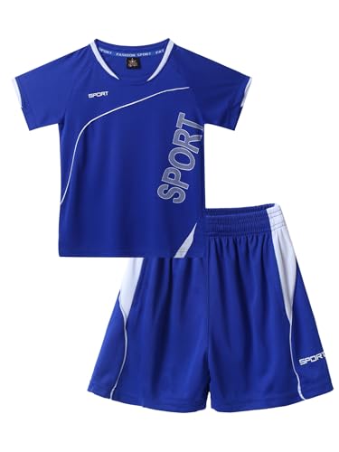 Oyolan Jungen Sportanzug Trainingsanzug Kurzarm T-Shirt mit Sportshorts Kinder Jogginganzug Fussball Basketball Outfits Gr. 122-164 Blau 146-152 von Oyolan