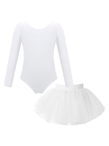 Oyolan Kinder Mädchen Ballettkleid Eiskunstlauf Kleid Ballett Tanzbody Langarm Turnanzug Gymnastik Leotard Rock Tanzkleid Weiss 134-140 von Oyolan