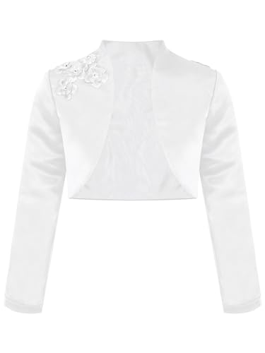 Oyolan Kinder Mädchen Bolero Schulterjacke Strickjacke Langarm Jäckchen Festlich Cardigan Zum Kommunionkleid Taufkleid Weiss 134-140 von Oyolan