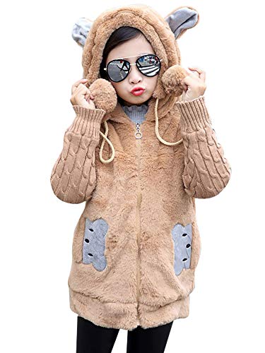 Oyolan Kinder Mädchen Kapuzenjacke Teddybär Fleecejack Winter Outwear Mantel Cartoon Sweatshirt Hoodie Pullover mit Ohren Gr.98-164 Khaki 98-104 von Oyolan