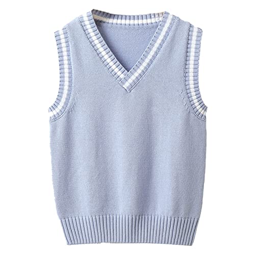 Oyolan Kinder Strickweste Jungen Mädchen Pullunder V-Ausschnitt Ärmellos Baumwolle Sweater Pullover Weste Strickwaren Hell Blau 146-152 von Oyolan