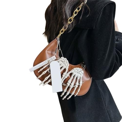 Oyrcvweuylx Damen Punk PU Leder Achseltasche mit Metallkette Skelett Knochen Anhänger Knödel Tasche Crossbody Schultertasche Handtasche von Oyrcvweuylx