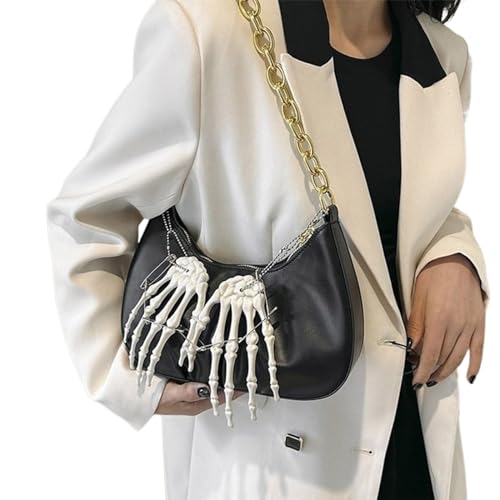 Oyrcvweuylx Damen Punk PU Leder Achseltasche mit Metallkette Skelett Knochen Anhänger Knödel Tasche Crossbody Schultertasche Handtasche von Oyrcvweuylx