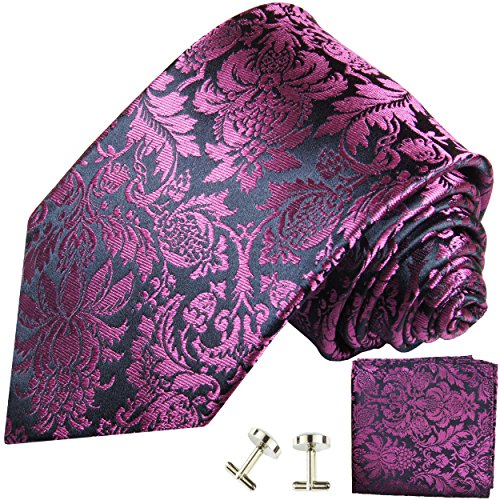 Paul Malone Herren Krawatte blau dunkelpink floral Set 3tlg - 100% Seide - Pinke Seidenkrawatte mit Einstecktuch und Manschettenknöpfe von P. M. Krawatten