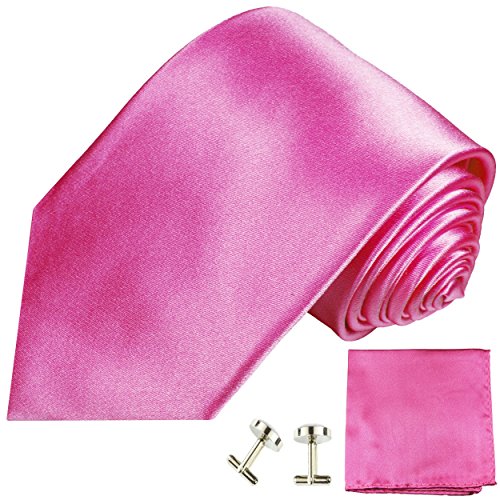 Paul Malone Herren Krawatte pink uni satin Set 3tlg - 100% Seide - Pinke Seidenkrawatte mit Einstecktuch und Manschettenknöpfe von P. M. Krawatten