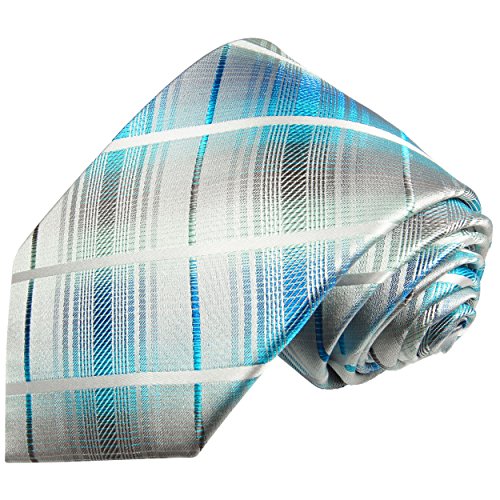 Paul Malone Türkis grau gestreifte XL Krawatte 100% Seidenkrawatte (in 165cm Überlänge) von P. M. Krawatten