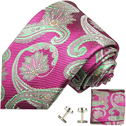 Paul Malone XL Krawatte pink grün paisley Set 3tlg - 100% Seide - Extra lange Krawatte mit Einstecktuch und Manschettenknöpfe von P. M. Krawatten