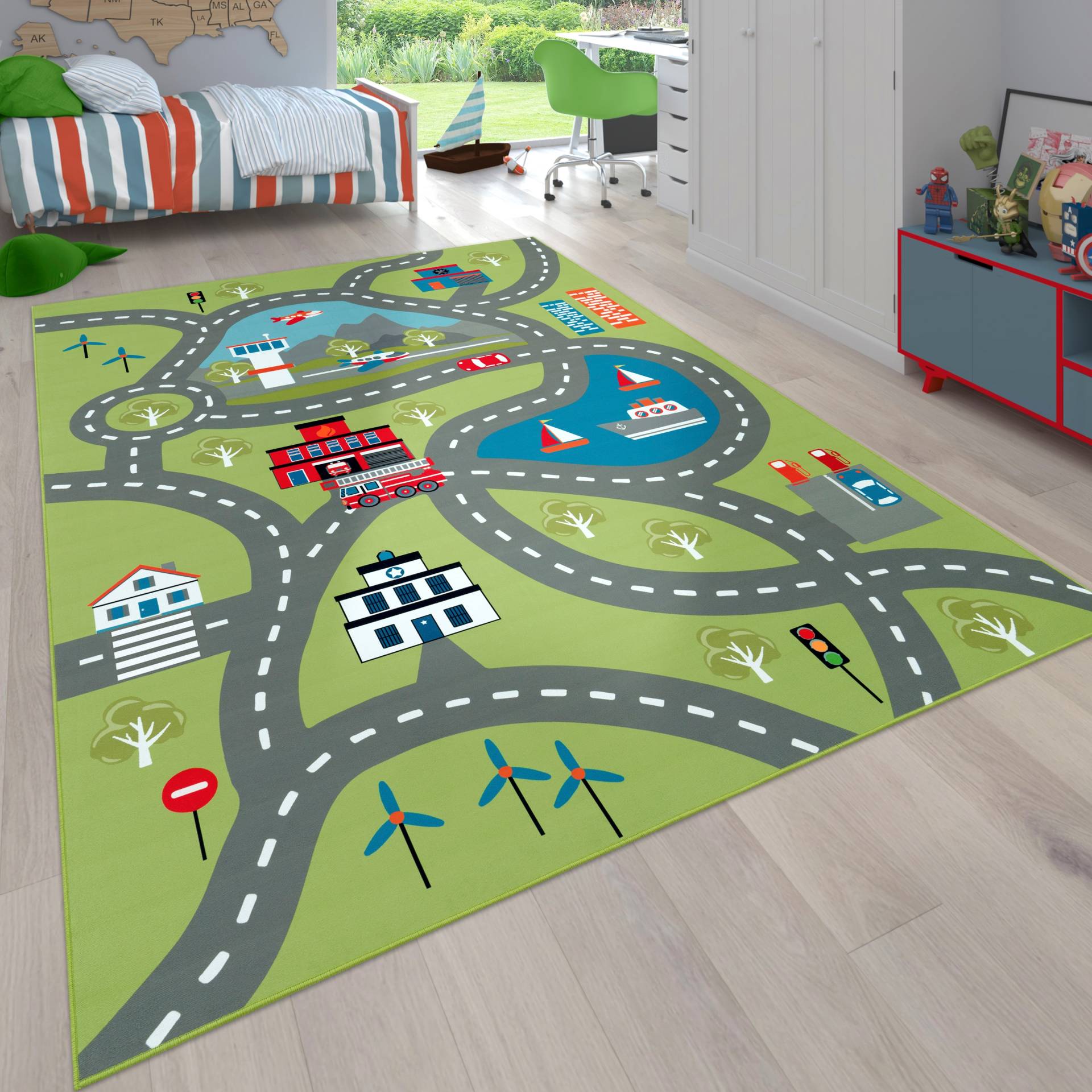 Paco Home Kinderteppich "Bino 562", rechteckig, Kurzflor, Straßen-Spiel-Teppich, Motiv Flughafen, Kinderzimmer von PACO HOME