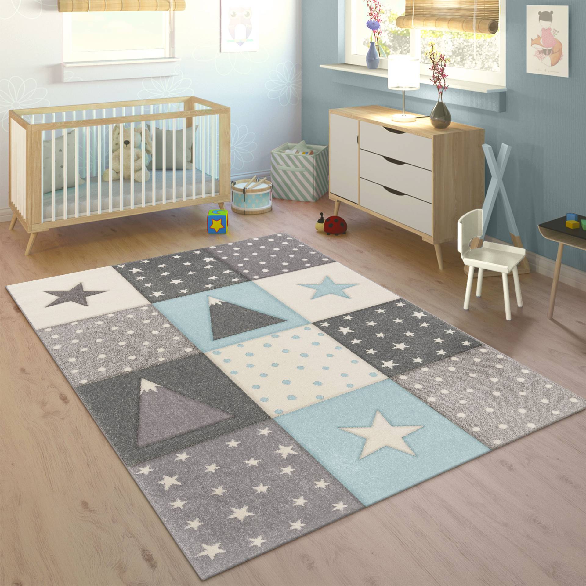 Paco Home Kinderteppich "Cosmo 340", rechteckig, Kurzflor, Pastell-Farben, 3D Effekt, Motiv Berge, Punkte & Sterne von PACO HOME