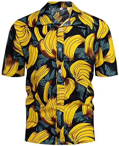 PADOLA Herren Freizeithemden Kurzarm Hawaiihemd Casual Top (Banane, 2XL) von PADOLA