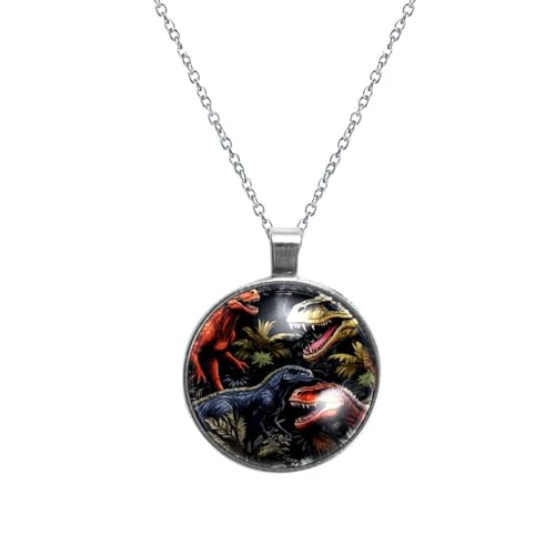 PAFEFO Coole Art Dinosaurier-Welt-Glas-Design, kreisförmiger Anhänger für Frauen, stilvolle Damen-Halsketten, Halsketten für jeden Anlass, 30 mm, Edelstahl Aus Edelstahl Kristallglas, Kein Edelstein von PAFEFO