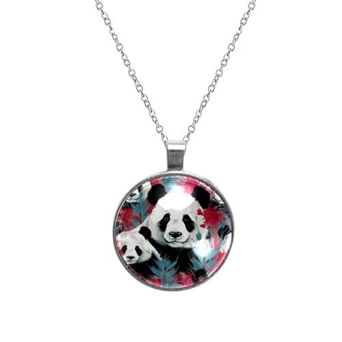 PAFEFO Panda mit Blumenmuster, Glas-Design, kreisförmiger Anhänger für Damen, stilvolle Damen-Halsketten, Halsketten für jeden Anlass, 30 mm, Edelstahl Aus Edelstahl Kristallglas, Kein Edelstein von PAFEFO