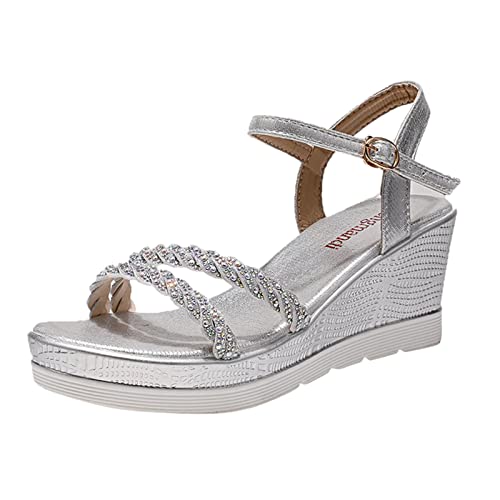 PAIDAIXNG Damenschuhe Abend Partyschuhe Plus Size Keilsandaletten Glitzer Sandalen Strass Freizeitsandalen Elegant Plateau Sandaletten Keilabsatz Schnalle Damensandalen Heels Schuhe von PAIDAXING