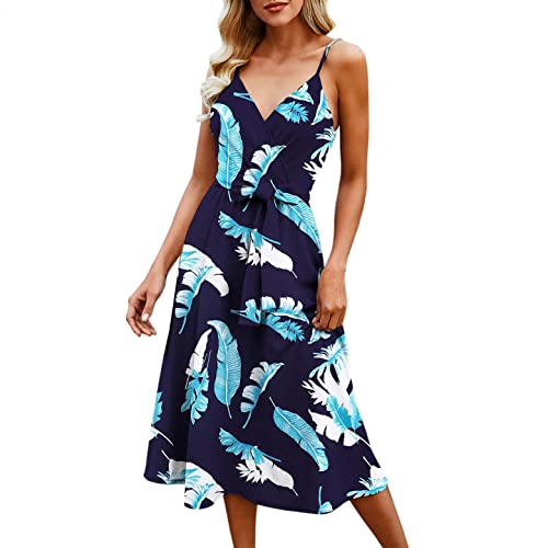 PAIDAXING Damen Elegant Sommerkleider Lange Kleid Chiffon Plissee Freizeitkleid Blumen Ärmellos V-Ausschnitt Hohe Taille Träger Kleider Maxikleid Partykleid von PAIDAXING