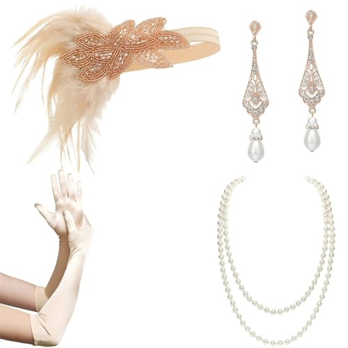 PANFHGFG Female Flapper Kostüm GatsbyParty Stirnband Halskette Ohrringe Handschuhe 1920er Vintage Cosplay Party Kostüm Zubehör Set Vintage Zubehör Set Mädchen Kostüm Zubehör Partyzubehör von PANFHGFG