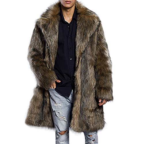 PANGF Mantel Herren Lang Pelzmantel Kunst Felljacke Männer Winterjacke Parka Kunstpelz Lange Wintermantel Jacke Faux Fur Wollmantel für Herren (02-Braun, XL) von PANGF