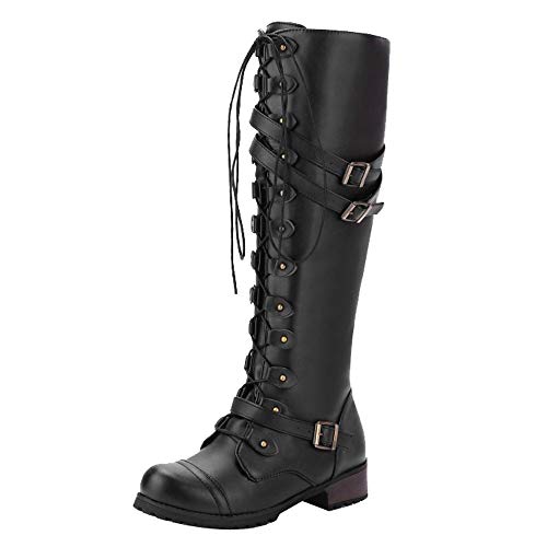 Damen Schuhe Langschaft Overknees Lang Boots Frauen Steampk Gothic-Vintage-Stil Retro-Punk-Schnalle Kampfstiefel Damen Warme Winterstiefel Langschaft Casual Boots von PANNY