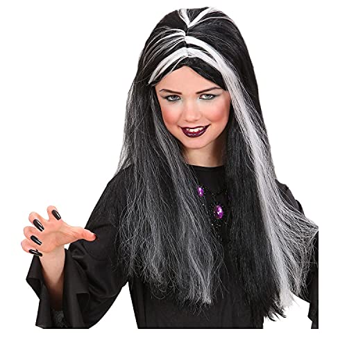 NEU Perücke Kinder Mädchen Langhaar Hexe, schwarz-weiß - mit Haarnetz von PAPSTAR