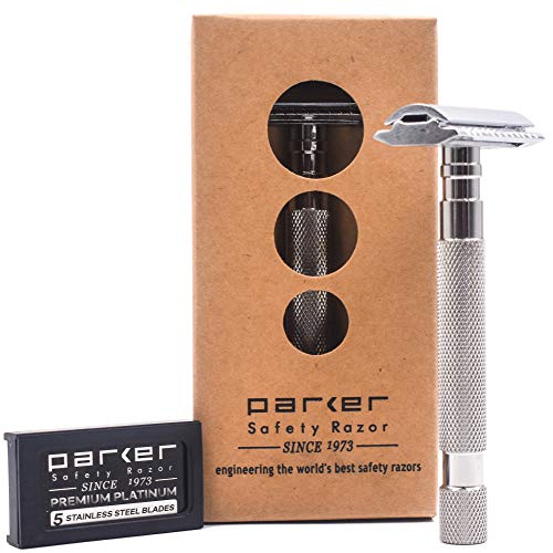 Parker Safety Razor 64S Edelstahl Griff zweiseitiges Sicherheits-Rasiermesser Mit Geschlossenen Kamm Kopf & 5 Klingen von Parker Safety Razor