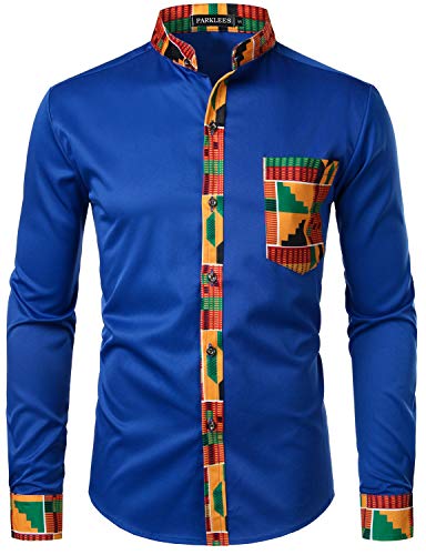 PARKLEES Herren African Tribal Grafik Patchwork Design Slim Fit Langarm Freizeithemd Party Shirt für Männer PZZCL46 Königsblau L von PARKLEES