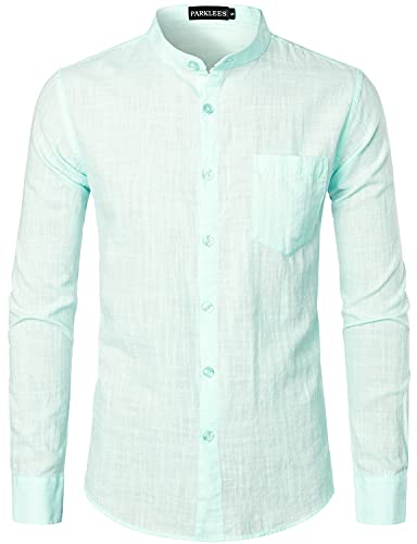 PARKLEES Herren Baumwolle Leinen Langarm Button Up Grandad Kragen Hemden mit Tasche, aqua, S von PARKLEES