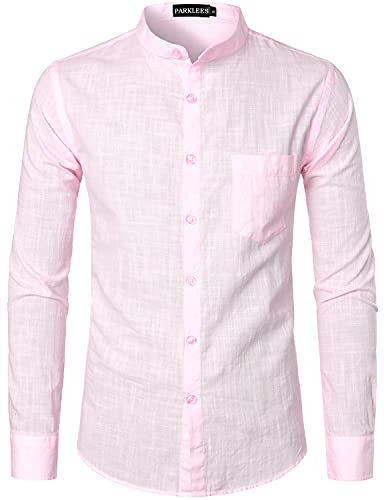 PARKLEES Herren Baumwolle Leinen Langarm Button Up Grandad Kragen Hemden mit Tasche, rose, L von PARKLEES