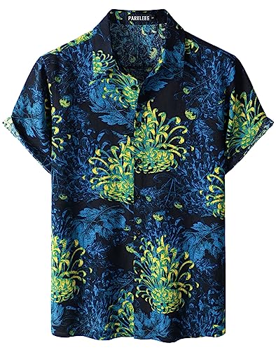 PARKLEES Herren Baumwolle Leinenhemd Floral Blumenmuster Hawaiihemd Casual Kurzarm Button Down Strandhemd EU-PZTAN01 Blau Gelb XL von PARKLEES