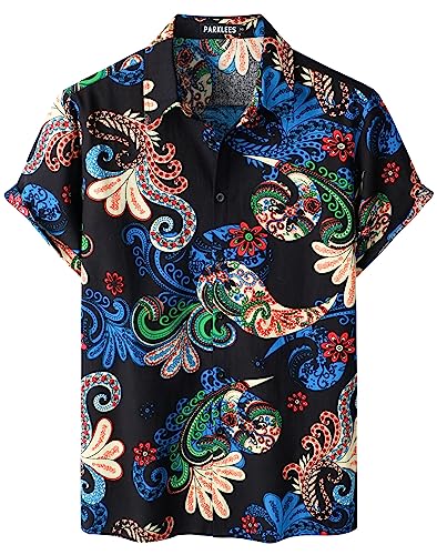 PARKLEES Herren Baumwolle Leinenhemd Floral Blumenmuster Hawaiihemd Casual Kurzarm Button Down Strandhemd EU-PZTAN01 Königsbeige XXXL von PARKLEES