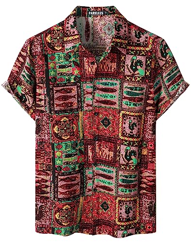 PARKLEES Herren Baumwolle Leinenhemd Funky Blumenmuster Hawaiihemd Casual Kurzarm Button Down Strandhemd EU-PZTAN01 Burgund Mehrfarbig L von PARKLEES