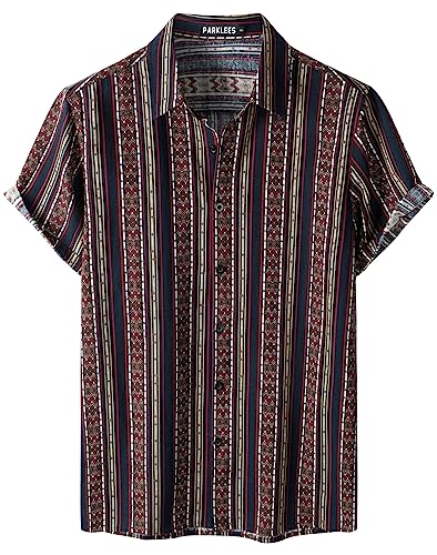 PARKLEES Herren Baumwolle Leinenhemd Gestreift Blumenmuster Hawaiihemd Casual Kurzarm Button Down Strandhemd EU-PZTAN01 Marine Gelb L von PARKLEES