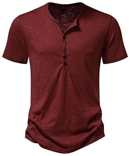 PARKLEES Herren Casual Baumwolle Kurzarm Henley Hemd Slim Fit Leichtes Bequemes T-Shirt Tops PPPB19 Burgund L von PARKLEES