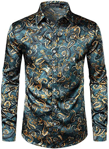 PARKLEES Herren Casual Luxus Bedruckt Seide Like Satin Button Down Kleid Shirt für Party Hochzeit, Pzlcl31-101-Blaugrün, L von PARKLEES