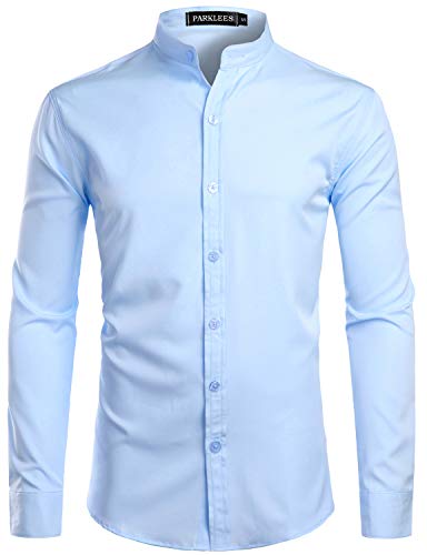 PARKLEES Herren Einfarbig Slim Fit Bügelleicht Langarm Stehhkragen Hemd Business Freizeithemd CL08 Hellblau S von PARKLEES