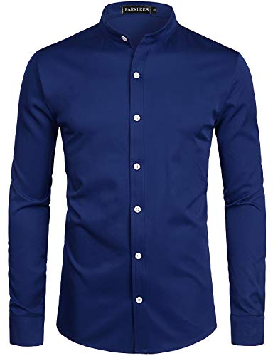 PARKLEES Herren Einfarbig Slim Fit Bügelleicht Langarm Stehhkragen Hemd Business Freizeithemd CL08 Navy L von PARKLEES