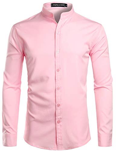 PARKLEES Herren Einfarbig Slim Fit Bügelleicht Langarm Stehhkragen Hemd Business Freizeithemd CL08 Rosa M von PARKLEES