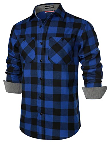 PARKLEES Herren Classic Stylish Regular Fit Casual Langarm Button Up Plaid Fleece Shirts mit Tasche, blau / schwarz, M von PARKLEES