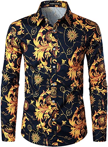 PARKLEES Herren Floral Printed Langarm Button Down Party Casual Fancy Floral Shirts, Pzlcl37-103-navy, M von PARKLEES