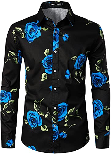 PARKLEES Herren-Hemd, Blumendruck, langärmelig, Knopfleiste, Party, lässig, ausgefallene Blumenhemden, Pzlcl37-105-black Royal, XL von PARKLEES