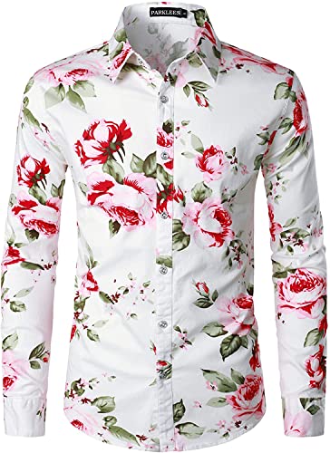 PARKLEES Herren Floral Printed Langarm Button Down Party Casual Fancy Floral Shirts, Pzlcl37-107-white Pink, M von PARKLEES