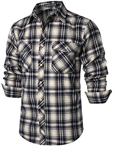 PARKLEES Herren Freizeithemden Regular Fit Button Down Check Kariert Flanellhemden mit Taschen PZLCL41 Khaki XXL von PARKLEES