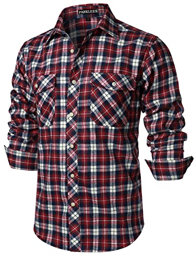 PARKLEES Herren Freizeithemden Regular Fit Button Down Check Kariert Flanellhemden mit Taschen PZLCL41 Marine Rot M von PARKLEES