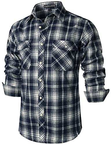 PARKLEES Herren Freizeithemden Regular Fit Button Down Check Kariert Flanellhemden mit Taschen PZLCL41 Marineblau XXL von PARKLEES