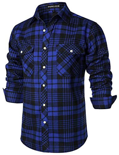 PARKLEES Herren Freizeithemden Regular Fit Button Down Check Kariert Flanellhemden mit Taschen PZLCL41 Royalblau M von PARKLEES