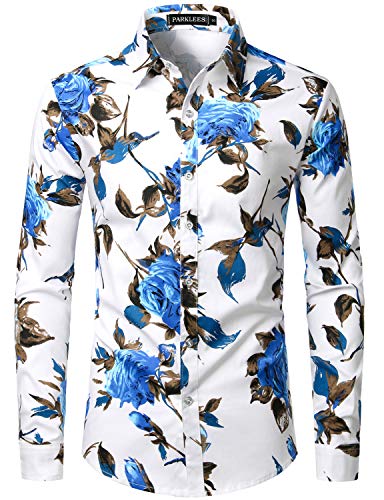 PARKLEES Herren Geblümt Langarm Sommer Freizeithemd Hawaiihemd Muster Langarmhemd 101 Blau L von PARKLEES