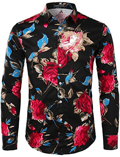 PARKLEES Herren Geblümt Langarm Sommer Freizeithemd Hawaiihemd Muster Langarmhemd 101 Schwarz XL von PARKLEES