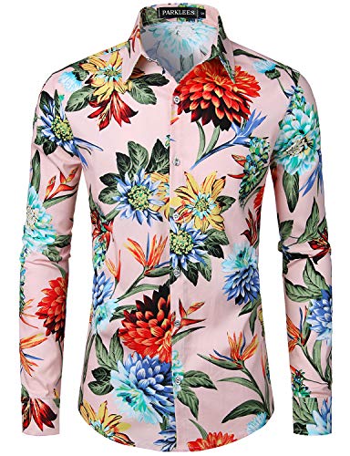 PARKLEES Herren Geblümt Langarm Sommer Freizeithemd Hawaiihemd Muster Langarmhemd 104 Rosa XL von PARKLEES