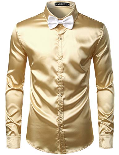 PARKLEES Herren Glänzend Slim Fit Satin Langarmhemd Frezeit Business Hemd für Party Nachtclub CL14 Champagne L von PARKLEES